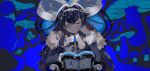  1girl absurdres bangs black_hair blue_background blue_hair book brooch closed_eyes coat eyebrows_visible_through_hair fur-trimmed_coat fur-trimmed_sleeves fur_trim hat highres hololive hololive_china jewelry king_(vocaloid) long_hair long_sleeves looking_at_viewer mianbao_yao_a_yao monocle mushroom official_art rosalyn_(hololive) solo virtual_youtuber 