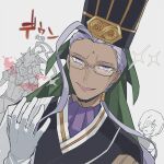  1girl 2boys ahoge chen_gong_(fate) chinese_clothes dark_skin dark_skinned_male evil_smile facial_mark fate/grand_order fate_(series) forehead_mark gameplay_mechanics glasses gloves hair_ornament hair_over_one_eye hat horse_boy jest_ht90 long_hair male_focus mash_kyrielight multiple_boys ponytail purple_hair red_hare_(fate/grand_order) smile smirk sparkle sweat translation_request tsurime violet_eyes white_gloves wide-eyed 
