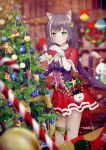 1girl absurdres animal_ear_fluff animal_ears bangs bare_legs blurry blurry_background bow breasts bushi_henmeng capelet cat cat_ears cat_girl cat_tail christmas christmas_ornaments christmas_tree christmas_tree_hair_ornament commentary_request cygames eyebrows_visible_through_hair fur_collar fur_trim green_bow hair_ornament highres jacket karyl_(princess_connect!) long_hair medium_breasts momochi_kiruya multicolored_hair princess_connect! princess_connect!_re:dive purple_hair red_capelet red_skirt santa_costume sidelocks skirt sleeveless smile standing streaked_hair tail twintails vest white_hair wrist_cuffs