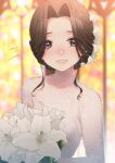  1girl alternate_costume backlighting blurry blurry_background bouquet brown_eyes brown_hair commentary_request commission crying crying_with_eyes_open dated depth_of_field dress earrings eyes_visible_through_hair flower forehead glint happy_tears holding holding_bouquet jewelry jintsuu_(kantai_collection) kantai_collection koruri lily_(flower) long_sleeves looking_at_viewer short_hair signature skeb_commission solo tears twitter_username upper_body wedding_dress white_dress white_flower 