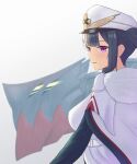  1girl artist_request azur_lane black_hair breasts cape eyebrows_visible_through_hair fur_trim hat highres long_hair medium_breasts peaked_cap peter_strasser_(azur_lane) simple_background solo twintails upper_body violet_eyes white_cape white_headwear 
