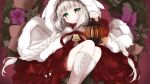  1girl absurdres bell braid christmas cure_nashi dress gloves green_eyes highres hood kneehighs lantern long_hair merry_milk merry_milk_no_mori red_dress silver_hair sitting smile solo twin_braids twintails very_long_hair virtual_youtuber white_gloves white_legwear 