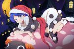  1girl :3 ajia_(otya3039) arm_support baku_(creature) bangs black_capelet black_dress blue_eyes blue_hair blush capelet castle closed_mouth commentary_request crescent crossed_legs doremy_sweet dress eyebrows_visible_through_hair full_body hat horizontal_pupils horns looking_at_viewer lying multicolored multicolored_clothes multicolored_dress naughty_face nightcap no_pupils no_shoes on_animal on_stomach parted_bangs pom_pom_(clothes) red_headwear sheep short_hair short_sleeves solo star_(sky) tail tapir tapir_tail touhou turtleneck turtleneck_dress two-tone_dress white_dress white_legwear window youkai 