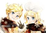  1boy 1girl bangs black_gloves black_scarf blonde_hair blue_eyes bow cable chinese_commentary commentary_request earphones english_commentary gloves grin hair_bow hair_ornament hairclip hand_up kagamine_len kagamine_rin looking_at_viewer mixed-language_commentary scarf shared_earphones short_hair short_ponytail smile snowflakes spiky_hair swept_bangs upper_body vocaloid w white_background white_bow yyb 