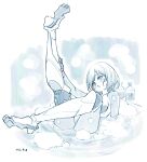  1girl android bath bathing bathtub blue_background blush bob_cut foot_up highres hololive in_water leg_up legs mechanical_parts monochrome nosir_onadat nude numbered open_mouth roboco-san robotic_legs shampoo_bottle sitting soap_bubbles solo steam thighs virtual_youtuber washing_feet white_background 