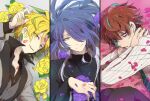  3boys aqua_hair bags_under_eyes black_pants black_shirt blonde_hair blue_eyes blue_neckwear brown_hair earrings eyes_visible_through_hair flower green_hair grey_vest hair_over_one_eye hand_up hands_on_own_neck highres hypnosis_mic jewelry kannonzaka_doppo lipstick_mark long_hair long_sleeves lying male_focus matenrou_(hypnosis_mic) miyuki_(10_th) multicolored_hair multiple_boys necktie on_back on_side pants petals purple_flower rose shirt sketch streaked_hair striped striped_shirt stud_earrings vest white_shirt yellow_eyes yellow_flower yellow_rose 