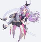  1girl absurdres armor blush breastplate crossed_legs frills gloves greaves grey_background grey_gloves grey_hair hair_ornament high_heels highres katana league_of_legends light_purple_hair long_hair meowlian multicolored multicolored_hair parted_lips pink_hair puffy_sleeves scar scar_across_eye scar_on_face simple_background solo sword turtleneck violet_eyes weapon 