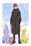  &gt;_&lt; 1boy ahoge animal_collar animalization bags_under_eyes black_coat black_footwear blue_background blue_eyes coat collar cross cross_necklace dog_walking entangled hair_between_eyes hand_in_pocket highres holding holding_leash hypnosis_mic izanami_hifumi jewelry jinguuji_jakurai kannonzaka_doppo leash looking_at_viewer male_focus matenrou_(hypnosis_mic) miyuki_(10_th) necklace redhead shoes simple_background sneakers sweatdrop tail tail_wagging 