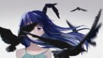  1girl absurdres animal arctic_fox_(artist) bird blue_hair blurry closed_mouth crow eyebrows_visible_through_hair furude_rika gradient gradient_background highres higurashi_no_naku_koro_ni one_eye_covered simple_background solo spaghetti_strap strap violet_eyes visible_ears wind 