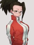  1girl alternate_costume bespectacled black_hair brown_eyes dragon_ball dragon_ball_super glasses grey_background jacket kale_(dragon_ball) kemachiku long_sleeves looking_at_viewer ponytail red_jacket short_hair simple_background solo 