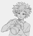  1boy bangs boku_no_hero_academia camera collarbone commentary english_commentary greyscale holding holding_camera looking_at_viewer male_focus meme messy_hair midoriya_izuku monochrome parted_lips scar shirt short_hair short_sleeves simple_background solo suoiresnu upper_body 