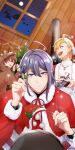  3boys :d absurdres ahoge blonde_hair blue_eyes blue_hair braiding_hair christmas_tree commentary deer_costume gift green_hair hairdressing hand_up hat hat_removed headwear_removed highres hypnosis_mic indoors izanami_hifumi jinguuji_jakurai kannonzaka_doppo long_hair male_focus matenrou_(hypnosis_mic) moon multicolored_hair multiple_boys night open_mouth ornament purple_hair red_headwear redhead reindeer santa_hat short_hair sidelocks silhouette skylight sleigh smile snowflake_necklace sunsirou very_long_hair yellow_eyes 