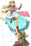  1boy 1girl absurdres aqua_dress aqua_eyes armpit_peek armpits bangs belt blonde_hair brown_belt brown_footwear brown_gloves copyright_request dress earrings gloves green_headwear green_tunic hat high_heels highres holding holding_sword holding_weapon jewelry link long_dress long_hair looking_at_viewer necklace oekaki pantsu-ripper pink_dress pointy_ears princess_zelda sandals sheath shield short_sleeves sidelocks simple_background sparkle straight_hair super_smash_bros. sword the_legend_of_zelda upskirt weapon young_link 