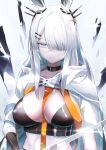  1girl absurdres animal_ears arknights bangs between_breasts black_choker breasts choker frostnova_(arknights) grey_eyes hair_ornament hair_over_one_eye hairclip haowei_wu highres large_breasts long_hair looking_at_viewer rabbit_ears scar scar_on_face scar_on_nose silver_hair solo sword upper_body weapon 
