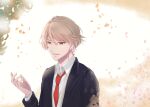  1boy blonde_hair brown_eyes day formal hand_up hiyama_takaomi long_sleeves looking_at_viewer male_focus necktie outdoors petals red_neckwear rk21 short_hair simple_background solo stand_my_heroes suit upper_body white_background 