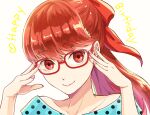  1girl adjusting_eyewear fujishiro_kei glasses looking_at_viewer nail persona persona_5 polka_dot ponytail red-framed_eyewear red_eyes redhead smile solo yoshizawa_kasumi 