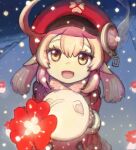  1girl ahoge bangs blonde_hair blush christmas dress eyelashes genshin_impact gloves hair_between_eyes hat hat_feather highres holding klee_(genshin_impact) kuuuukai looking_at_viewer low_twintails night open_mouth pointy_ears red_dress red_eyes red_headwear snow snowing twintails 