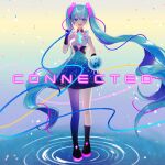  1girl absurdres album_cover bangs blue_eyes blue_hair breasts cover english_commentary english_text floating_hair hatsune_miku headset highres holding_orb long_hair open_mouth single_thigh_boot small_breasts solo song_name twintails vocaloid water yunare 
