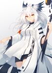  1girl arknights armband black_shorts commentary cowboy_shot dress eyebrows_visible_through_hair highres holding holding_staff holding_weapon long_hair looking_at_viewer orange_eyes owl_ears ptilopsis_(arknights) shorts smile solo staff standing thigh-highs trimbil weapon white_dress white_hair white_legwear 