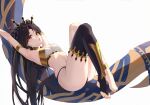  1girl anklet armlet armpits asymmetrical_legwear asymmetrical_sleeves barefoot bikini black_hair black_legwear black_panties bra bsmycc detached_sleeves earrings elbow_gloves fate/grand_order fate_(series) feet gloves heavenly_boat_maanna highres hoop_earrings ishtar_(fate)_(all) ishtar_(fate/grand_order) jewelry long_hair long_legs mismatched_bikini open_mouth panties red_eyes single_detached_sleeve single_elbow_glove single_sleeve single_thighhigh swimsuit thigh-highs toeless_legwear underwear weapon 