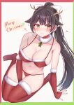  1girl absurdres ass_visible_through_thighs azur_lane bikini black_hair bow breasts bridal_gauntlets christmas eyebrows_visible_through_hair fake_horns full_body fur-trimmed_bikini fur-trimmed_gloves fur-trimmed_legwear fur_collar fur_trim gloves heart highres himeno_candy horns large_breasts long_hair merry_christmas ponytail red_bikini red_legwear santa_costume simple_background solo swimsuit takao_(azur_lane) thigh-highs thigh_gap white_background white_bow yellow_eyes 
