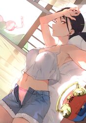  1girl alarm_clock arm_up armpits bare_shoulders black_hair bra bra_removed breasts clock collarbone commentary_request crop_top curtains cutout_above_navel day denim denim_shorts dutch_angle from_side hand_on_forehead highres hot indoors large_breasts lens_flare looking_at_viewer looking_to_the_side lying on_back onodera_(einsatz) open_clothes open_fly open_shorts original outstretched_arm panties parted_lips pink_bra pink_panties railing red_eyes short_hair shorts side_ponytail sideways_glance sleeveless solo stomach sunlight sweat thigh-highs underwear 