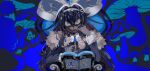  1girl absurdres bangs black_hair blue_background blue_hair book brooch coat eyebrows_visible_through_hair fur-trimmed_coat fur-trimmed_sleeves fur_trim hat highres hololive hololive_china jewelry king_(vocaloid) long_hair long_sleeves looking_at_viewer mianbao_yao_a_yao monocle mushroom official_art rosalyn_(hololive) solo teeth virtual_youtuber 