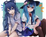  2girls ass bangle black_headwear black_legwear blue_eyes blue_hair blue_skirt bow bowtie bracelet breasts debt eyebrows_visible_through_hair feet_out_of_frame food fruit grey_shirt gunsou1350 hair_between_eyes hair_bow hat head_tilt hinanawi_tenshi jewelry knees_up long_hair looking_at_viewer multiple_girls notice_lines open_mouth pantyhose peach pleated_skirt puffy_short_sleeves puffy_sleeves red_bow red_eyes red_neckwear see-through_skirt shirt short_sleeves sitting skirt small_breasts touhou v-shaped_eyebrows v_arms very_long_hair white_shirt yorigami_shion 