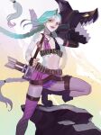  1girl aqua_hair arm_tattoo bare_shoulders belt black_gloves boots brown_belt bullet_necklace fingerless_gloves fingernails gloves gun highres holding holding_gun holding_weapon jinx_(league_of_legends) kyo_niku league_of_legends long_hair navel open_mouth over_shoulder pink_legwear rock shell_casing smile solo tattoo teeth thigh-highs thigh_strap tongue torn torn_clothes twintails very_long_hair violet_eyes weapon weapon_over_shoulder 