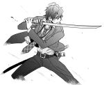  1boy anger_vein bags_under_eyes belt black_pants blazer fighting_stance greyscale hair_between_eyes holding holding_sword holding_weapon hypnosis_mic id_card jacket kannonzaka_doppo katana lanyard long_sleeves looking_to_the_side male_focus messy_hair miyuki_(10_th) monochrome necktie pants sheath shirt short_hair solo striped striped_shirt sword vertical_stripes weapon 