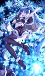  1girl ankle_bow antlers arm_up bell belt black_legwear blue_eyes blue_hair blurry bokeh bow box capelet commentary depth_of_field full_body fur-trimmed_capelet fur-trimmed_footwear fur-trimmed_skirt fur-trimmed_tubetop fur_trim gift gift_box gloves glowing hair_ornament hatsune_miku high_heels highres holding holding_sack jumping long_hair looking_at_viewer midriff miniskirt navel neck_bell night night_sky open_mouth outstretched_arm pine_(angel4195202) plaid plaid_bow plaid_skirt reindeer_antlers sack skirt sky smile snowflakes stellated_octahedron strapless symbol_commentary thigh-highs tubetop twintails very_long_hair vocaloid 