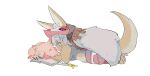  1other animal_ears apios1 bangs barefoot blush_stickers book claws commentary from_side full_body fur_(clothing) furry grey_hair hair_ornament hand_up head_rest headpiece highres horns long_hair looking_down made_in_abyss mitty_(made_in_abyss) nanachi_(made_in_abyss) one-eyed open_book open_mouth orange_eyes pants pawpads paws pouch reading red_eyes sidelocks simple_background tail teeth white_background 