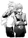  2boys ;d ahoge arm_on_shoulder bags_under_eyes belt black_pants black_suit crossed_arms formal greyscale hair_between_eyes hair_over_one_eye highres hypnosis_mic izanami_hifumi jacket jacket_removed kannonzaka_doppo lanyard looking_at_viewer miyuki_(10_th) monochrome multiple_boys necktie one_eye_closed open_mouth pants short_hair simple_background smile standing suit sweatdrop vest white_background 