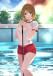  1girl bare_legs blush breasts brown_hair bunbun_(midukikome) closed_mouth day eyebrows_visible_through_hair eyes_visible_through_hair feet_out_of_frame gym_shirt gym_shorts gym_uniform hair_over_one_eye highres holding koizumi_hanayo large_breasts looking_at_viewer love_live! outdoors pool red_shorts see-through shirt short_hair short_shorts short_sleeves shorts smile solo standing sunlight violet_eyes water wet wet_clothes wet_shirt 