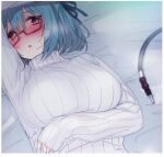  1girl blue_hair blurry blurry_background blush border copyright_request depth_of_field glasses hand_up long_sleeves looking_at_viewer lying nekoume on_back parted_lips red_eyes ribbed_sweater semi-rimless_eyewear solo sweater under-rim_eyewear upper_body white_border white_sweater 