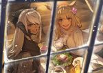  2girls animal_ears au_ra bangs black_horns blonde_hair blue_eyes bow cat_ears cat_tail cup dragon_horns dragon_tail eyebrows_visible_through_hair facial_mark final_fantasy final_fantasy_xiv flower food hair_bow hair_flower hair_ornament hide_(hideout) horns long_hair miqo&#039;te multiple_girls open_mouth restaurant scales scarf slit_pupils sweater tail whisker_markings white_hair window yellow_eyes 