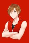  1boy artist_name asami_(undoundo) black_shirt brown_eyes brown_hair commentary cropped_torso crossed_arms genderswap genderswap_(ftm) highres jacket looking_at_viewer male_focus meito nail_polish red_background red_jacket red_nails red_theme shirt smile upper_body vocaloid zipper 