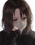  1girl absurdres bangs black_gloves black_hoodie brown_eyes brown_hair gloves half_gloves hand_up highres hood hoodie kanniiepan long_sleeves looking_at_viewer mask medium_hair mouth_mask original simple_background solo surgical_mask upper_body white_background 