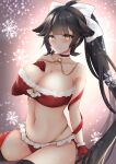  1girl alternate_costume azur_lane bikini black_hair black_legwear bow breasts choker christmas fur-trimmed_choker fur-trimmed_gloves fur_trim gloves hair_flaps hand_on_own_chest highleg highleg_panties highres large_breasts long_hair looking_at_viewer miyagi_ratona panties ponytail red_bikini red_choker red_gloves red_ribbon ribbon santa_costume sitting skindentation snowflakes solo swimsuit takao_(azur_lane) thigh-highs underwear very_long_hair white_bow yellow_eyes 