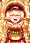  1girl absurdres ahoge aura bangs blonde_hair blurry blurry_background blush christmas christmas_lights closed_eyes dead_angels dress genshin_impact gloves hair_between_eyes hat hat_feather highres holding klee_(genshin_impact) looking_at_viewer open_mouth pointy_ears red_dress red_headwear santa_hat shiny smile snowflakes star_(symbol) 