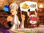  1girl animal_ear_fluff animal_ears armor armored_dress bangs blush breasts chair crown detached_sleeves dress food fork gwendolyn_(odin_sphere) highres hood hood_up index_finger_raised lantern multicolored multicolored_wings napkin odin_sphere one_eye_closed open_mouth plate pooka_(odin_sphere) rabbit_ears sho.t short_hair signature sitting sweat table violet_eyes white_hair wings wiping_mouth 