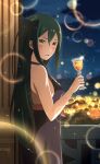  1girl backless_dress backless_outfit bangs black_dress blush crusch_karsten cup dress evening_gown from_side green_hair hair_between_eyes highres holding holding_cup long_hair night official_art open_mouth outdoors re:zero_kara_hajimeru_isekai_seikatsu shiny shiny_hair shoulder_blades sleeveless sleeveless_dress solo sparkle standing straight_hair very_long_hair yellow_eyes 