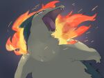 commentary_request fangs fire gen_2_pokemon glowing grey_background highres looking_to_the_side no_humans open_mouth pokemon pokemon_(creature) qua red_eyes solo tongue typhlosion 