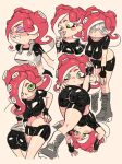  1girl ass black_gloves black_shorts blush boots breasts candy crop_top fingerless_gloves food gloves green_eyes grey_footwear large_breasts lollipop multiple_views octarian octoling redhead shorts simple_background splatoon_(series) suction_cups tan_background tentacle_hair yuta_agc 