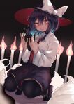  1girl :t absurdres asymmetrical_hair bangs black_hair black_legwear black_skirt blue_hair blush bow cake candle chewing closed_mouth collared_shirt commentary_request eating food food_on_finger full_body glowing glowing_eyes hair_between_eyes hair_bow hair_ribbon hat hat_bow hat_ribbon high-waist_skirt highres light_blue_hair long_sleeves looking_at_viewer medium_hair multicolored_hair murayo necktie on_food orange_eyes oversized_food red_neckwear ribbon shirt short_hair sidelocks skirt squatting touhou tress_ribbon two-tone_hair usami_renko white_bow white_ribbon white_shirt wing_collar 