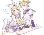  1boy 1girl aqua_eyes arm_warmers arms_behind_back bangs bass_clef black_collar black_shorts blonde_hair bow collar commentary crop_top dutch_angle expressionless feet_up grey_collar grey_shorts grey_sleeves hair_bow hair_ornament hairclip headphones headset kagamine_len kagamine_rin leaning_back leg_warmers looking_at_viewer neckerchief necktie no_shoes open_mouth sailor_collar school_uniform seiza shigupon shirt short_hair short_ponytail short_shorts short_sleeves shorts shoulder_tattoo sitting sleeveless sleeveless_shirt socks spiky_hair swept_bangs tattoo treble_clef vocaloid white_background white_bow white_footwear white_shirt yellow_nails yellow_neckwear 