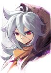  1boy closed_mouth genshin_impact grey_hair hair_between_eyes hood hood_up long_hair looking_at_viewer lutherniel male_focus portrait razor_(genshin_impact) red_eyes signature solo 