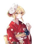  1girl bag blonde_hair blush closed_mouth expressionless eyebrows_visible_through_hair flower hair_between_eyes hair_bun hair_flower hair_ornament highres holding holding_bag japanese_clothes kimono korean_commentary long_hair looking_to_the_side mask mask_on_head obi original red_flower red_kimono sash sidelocks simple_background solo somsam upper_body white_background x_hair_ornament yellow_eyes 