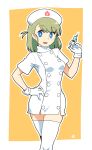  1girl :d bangs blue_eyes breasts commentary_request dress eyebrows_visible_through_hair gloves green_hair hair_between_eyes hand_on_hip hand_up hat highres holding holding_syringe looking_at_viewer muu_(mumumer) nurse nurse_cap one_side_up open_mouth orange_background original outline short_sleeves small_breasts smile solo syringe thigh-highs two-tone_background white_background white_dress white_gloves white_headwear white_legwear white_outline 