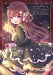  1girl :d bangs blue_eyes blush box braid brown_hair christmas commentary_request dress eyebrows_visible_through_hair fur-trimmed_dress fur_trim gift gift_box glowing green_dress hair_ornament hair_rings hairclip hands_up holding kon_hoshiro long_hair long_sleeves looking_at_viewer looking_to_the_side merry_christmas open_mouth original smile solo star_(symbol) star_hair_ornament twin_braids upper_teeth very_long_hair 